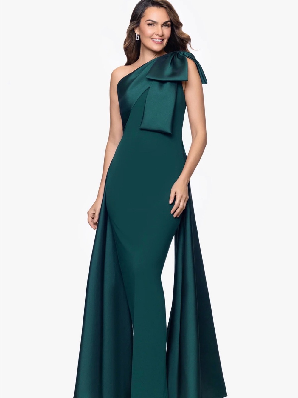 Betsy & Adam One-Shoulder pine green Evening Gown with Shoulder Bow